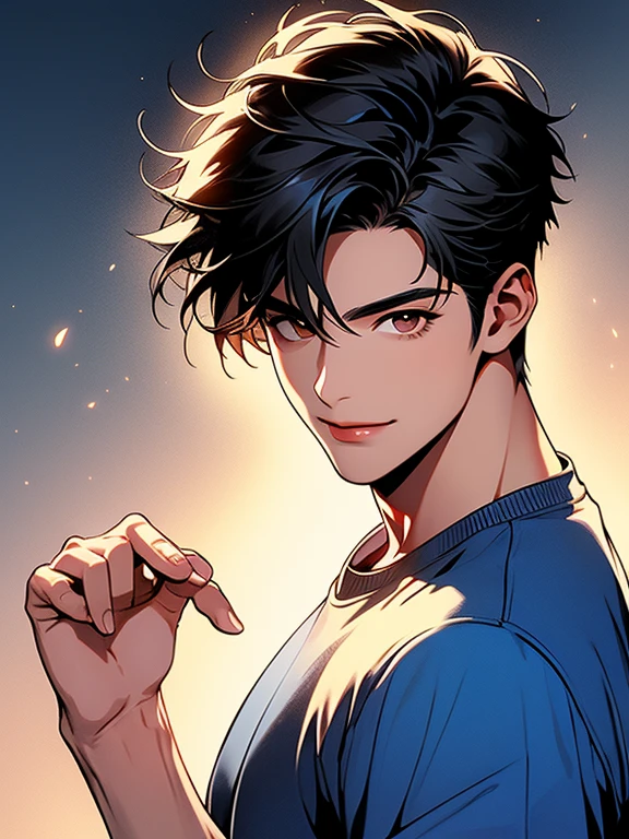 1boy,short black hair,high definition,brown eyes,glowing_eye,4k,handsome boy,highest quality,bright and light,colorful,blueshirt,night,smile,extend one's left hand,detail hand,