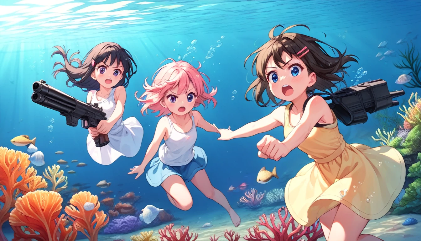 ((multiple girls:1.3)), ((moe style:1.3)), ((tank:1.3)), ((gun firing:1.3)), ((battle:1.3)), ((underwater:1.3)),  ((centerfold:1.3)), ((extremely feminine:1.3)), perfect hands, ((perfect face)), ((extremely cute:1.3)), ((masterpiece)), ((8k)), ((best quality)), ((beautiful)), ((extremely detailed:1.3)) , ((absurdres)), AddXL, ((score_9:1.3)), ((score_8_up:1.3)), ((score_7_up:1.3)),