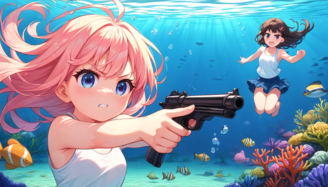 ((multiple girls:1.3)), ((moe style:1.3)), ((tank:1.3)), ((gun firing:1.3)), ((battle:1.3)), ((underwater:1.3)), ((centerfold:1.3)), ((extremely feminine:1.3)), perfect hands, ((perfect face)), ((extremely cute:1.3)), ((masterpiece)), ((8k)), ((best quality)), ((beautiful)), ((extremely detailed:1.3)) , ((absurdres)), AddXL, ((score_9:1.3)), ((score_8_up:1.3)), ((score_7_up:1.3)),