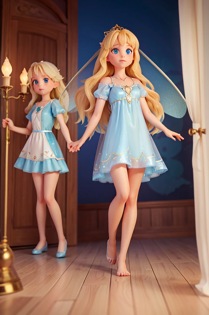 a with long golden hair, sparkling blue eyes in a light blue nightgown.
she is holding hands with a fairy with transparent fairy wings, blonde hair and pink dress