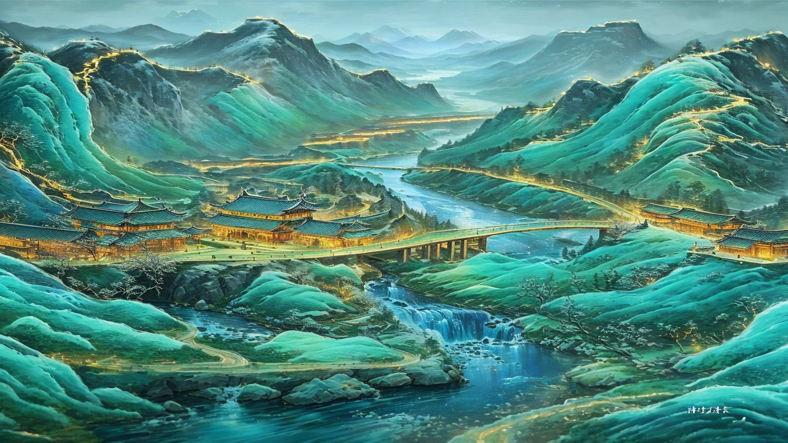 Mountain river bridge painting, Chinese scenery, Landscape Art Detail, Intricate landscape, Beautiful paintings, highly Detailed 4k , thrilling, Beautiful and complex painting, Detailed scenery —width 672, Extremely detailed painting, Detailed 4k 油画, Intricate fantasy painting, Ultra-fine painting, Detailed 4k