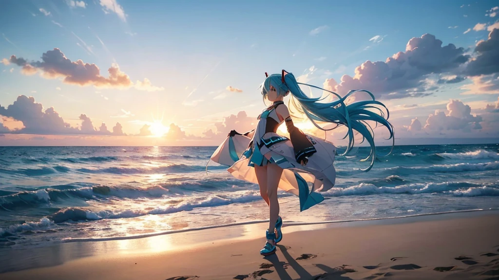 With the sun setting in the background、Please draw a close-up of Hatsune Miku walking on the beach。Her clear blue hair fluttering in the wind、The futuristic outfit stands out。The expression is free and bright、Looking forward with eyes full of dreams。Surrounded by soft sand、It's a scene where you can feel the sound of the waves gently lapping on the shore.。