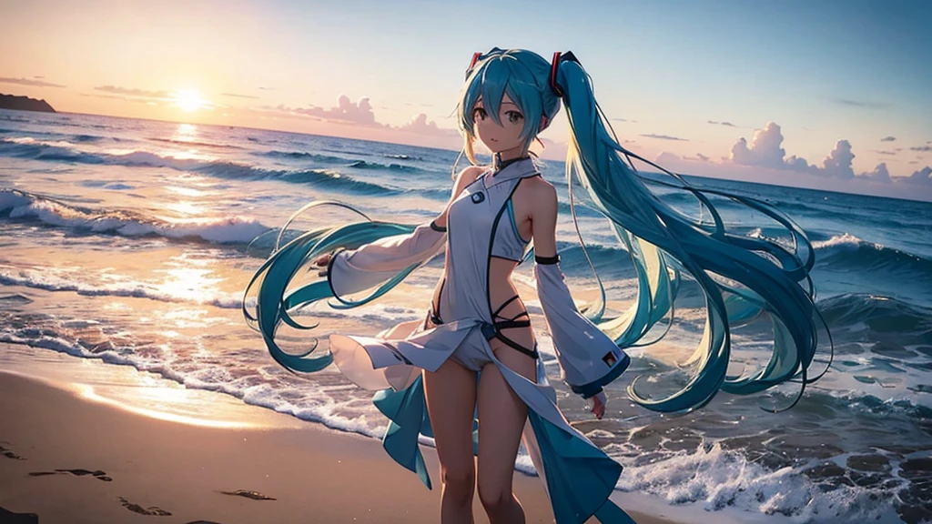 With the sun setting in the background、Please draw a close-up of Hatsune Miku walking on the beach。Her clear blue hair fluttering in the wind、The futuristic outfit stands out。The expression is free and bright、Looking forward with eyes full of dreams。Surrounded by soft sand、It&#39;s a scene where you can feel the sound of the waves gently lapping on the shore.。