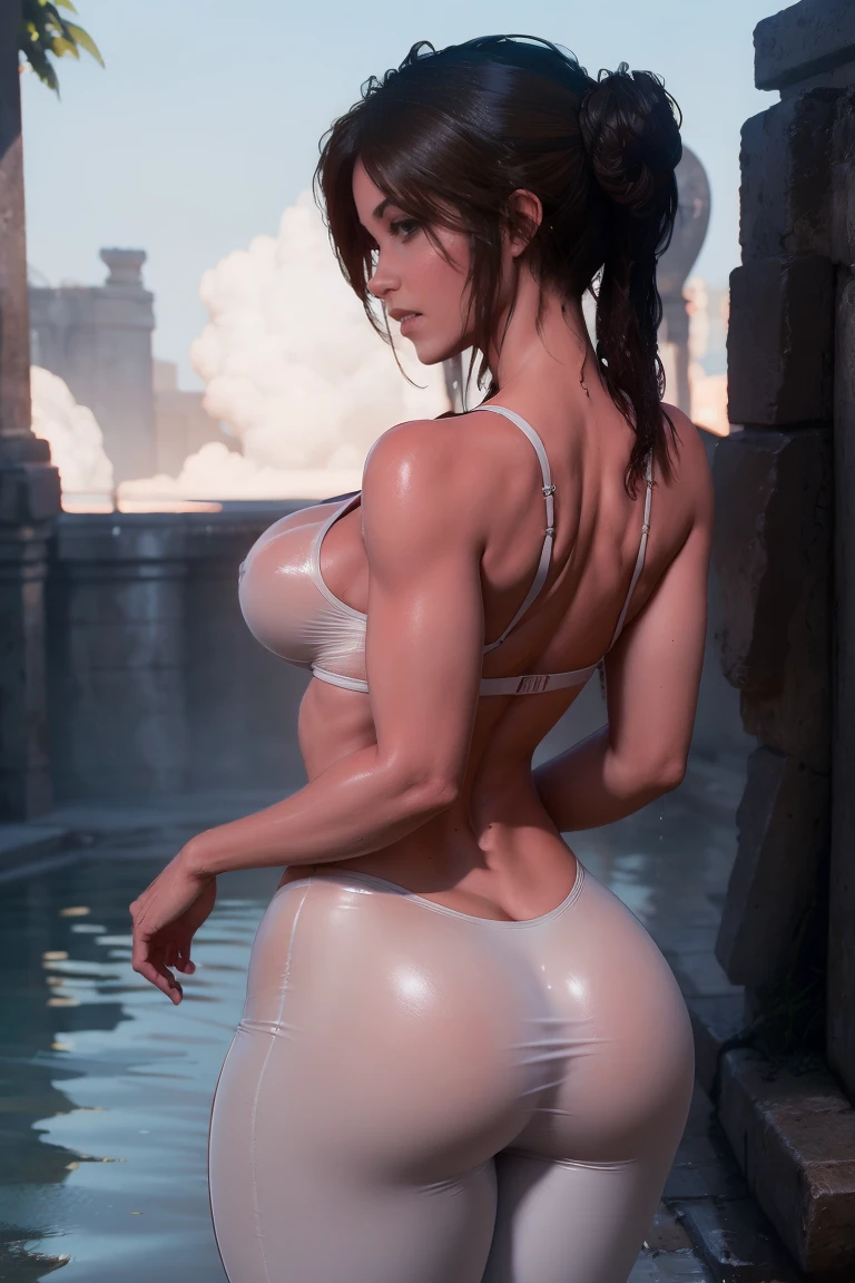 Profile view  1GIRL  Slim Lara Croft looking directly at the Camera. Wearing white  pants. Wet  Tank-top.  She is soaking wet. Wet hair. Very lovely face. Perfect hands. Arms by her side. (Left arm on left hand side, right arm on right hand side). Giant  G cup size. Humongous . Perfectly straight white teeth. Only two arms. Not three arms. No brown coloured clothing. Equal butt cheek size. Immensely augmented .  Greatly augmented buttocks. smiling demurely. ((Full body shot))