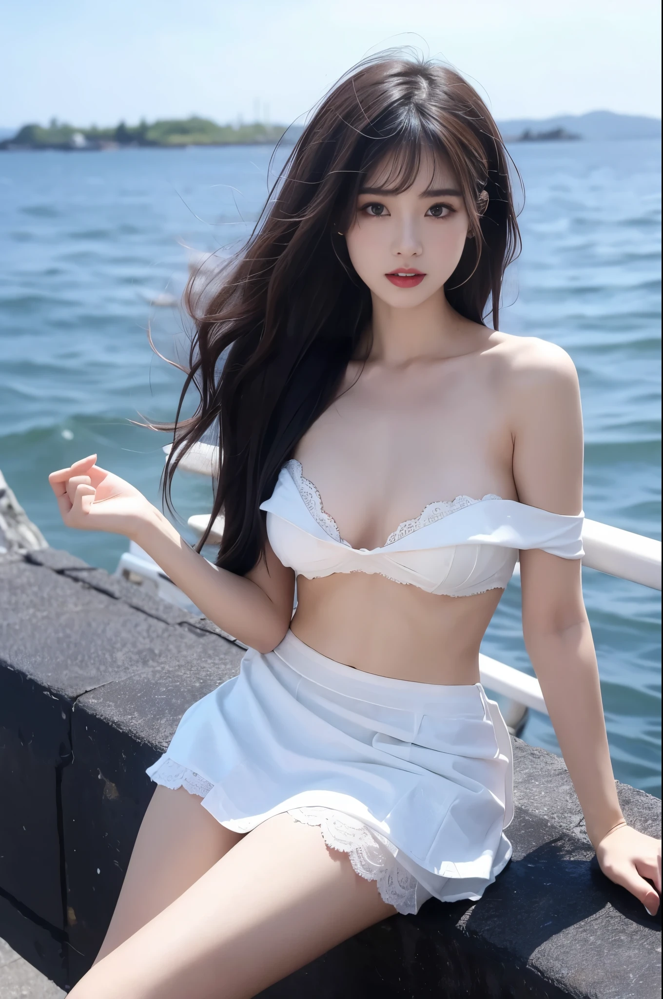 open towel, ((Large Breasts)), ((D cup)), Visible cleavage,Highly detailed face and skin texture,((Bare shoulder)), Double eyelids,Skin Whitening,Long hair,Whitening long legs,Standing by the sea, Fashion Girl, Red lips, Sweet Girl, Beautiful makeup, detail, lifelike, Very detailed, Astonishing, beautiful, Young and energetic, high quality,HD, Colorful, Beautifully, Smooth skin, The skirt is very short, Official Art, Extremely detailed, Movie atmosphere, Soft colors, Natural skin texture, Random scene, random shooting Angle, Black over-the-knee socks, lace hem