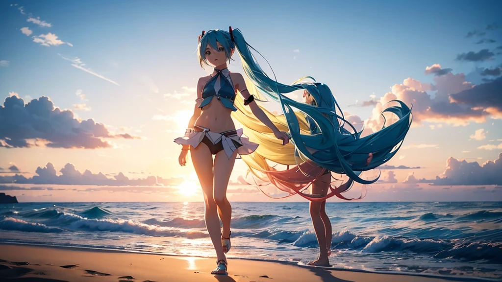 With the sun setting in the background、Please draw a close-up of Hatsune Miku walking on the beach。Her clear blue hair fluttering in the wind、The futuristic outfit stands out。The expression is free and bright、Looking forward with eyes full of dreams。Surrounded by soft sand、It's a scene where you can feel the sound of the waves gently lapping on the shore.。