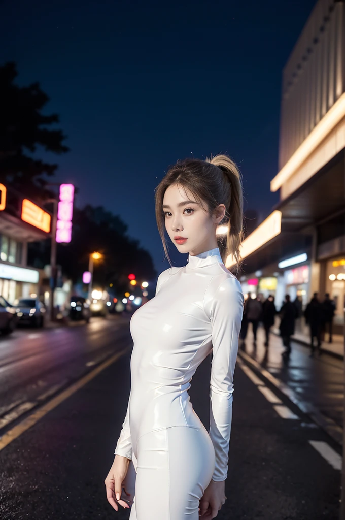Beautiful light,Perfect Lightning,Realistic shadows,((high resolution)),(Smooth and flawless fair skin1.5),(Pale skin1.3),(Extremely fine facial details1.2),(Perfect body 1.1),(Extremely detailed),,(Short ponytail1.2),,(Delicate makeup1.2),(Big Breasts 1.2),((Slim,Thin)),(Serious 1.2),(Angry 1.2),(White latex full body suit1.3),(Night view 1.5),(Outdoor 1.2),(On the street 1.3),(Cityscape 1.3),,(Upper body 1.2),(From the front 1.2)