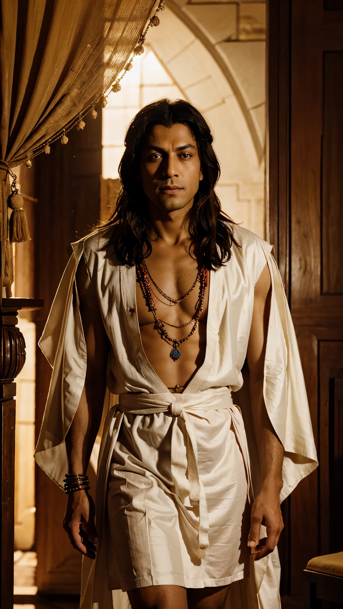 King Ashoka: Dressed in traditional robes, deep in thought, amulet in hand.