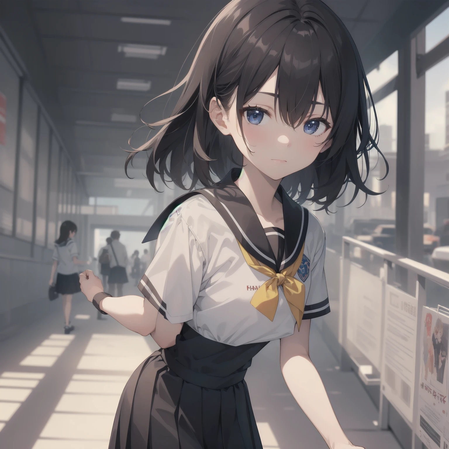 ultra-absurdres-Top quality by artist God, ultra-detailed, high resolution, anime moe artstyle, best anime 8k konachan wallpaper, pixiv contest winner, pool:2810, perfect anatomy,break, 1girl, (Please draw a girl walking sleepily to school alone. )break,(Solo,little female, 13-year-old:1.3),Full limbs, complete fingers,a junior high school student, (very short hair), short cut, flat chest, , small butt, small black eyes, beautiful detailed eyes, well-proportioned iris and pupils, expressive eyes, highres detailed hair, soft expression, salor school_uniform, sailor collar, serahuku, bow, pleated skirt,(Detailed Lighting), (Detailed background), in the School commute route. break,super detailed skin, Best cinematic lighting powered by famous artist, 8k,beauty illustration,photoshop_(medium),very aesthetic,break,((artist:wa_(genryusui) )), artist:clamp ,artist:carnelian ,artist:kantoku ,