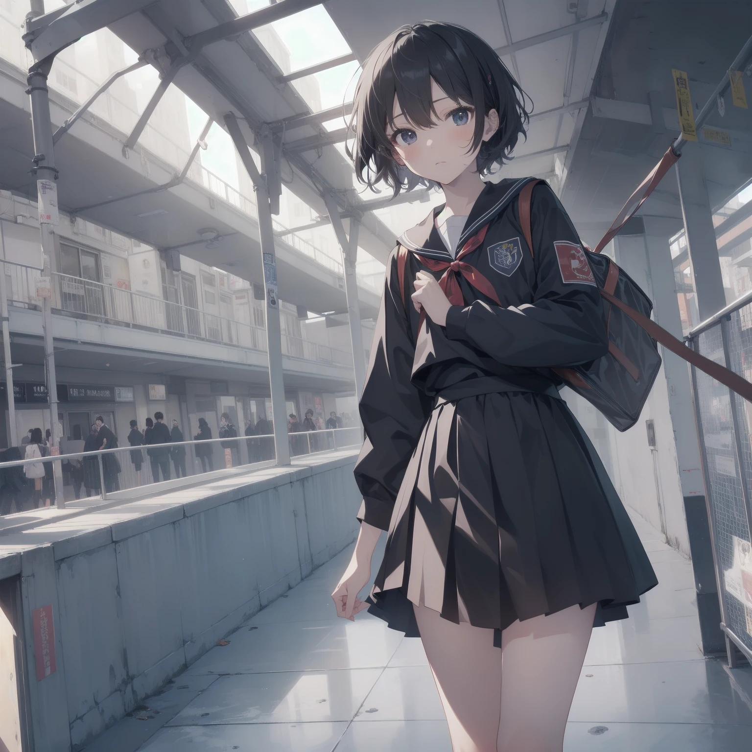 ultra-absurdres-Top quality by artist God, ultra-detailed, high resolution, anime moe artstyle, best anime 8k konachan wallpaper, pixiv contest winner, pool:2810, perfect ,break, 1girl, (Please draw a girl walking sleepily to school alone. )break,(Solo,little female, 13-year-old:1.3),Full limbs, complete fingers,a junior high school student, (very short hair), short cut, flat chest, , small butt, small black eyes, beautiful detailed eyes, well-proportioned iris and pupils, expressive eyes, highres detailed hair, soft expression, salor school_uniform, sailor collar, serahuku, bow, pleated skirt,(Detailed Lighting), (Detailed background), in the School commute route. break,super detailed skin, Best cinematic lighting powered by famous artist, 8k,beauty illustration,photoshop_(medium),very aesthetic,break,((artist:wa_(genryusui) )), artist:clamp ,artist:carnelian ,artist:kantoku ,
