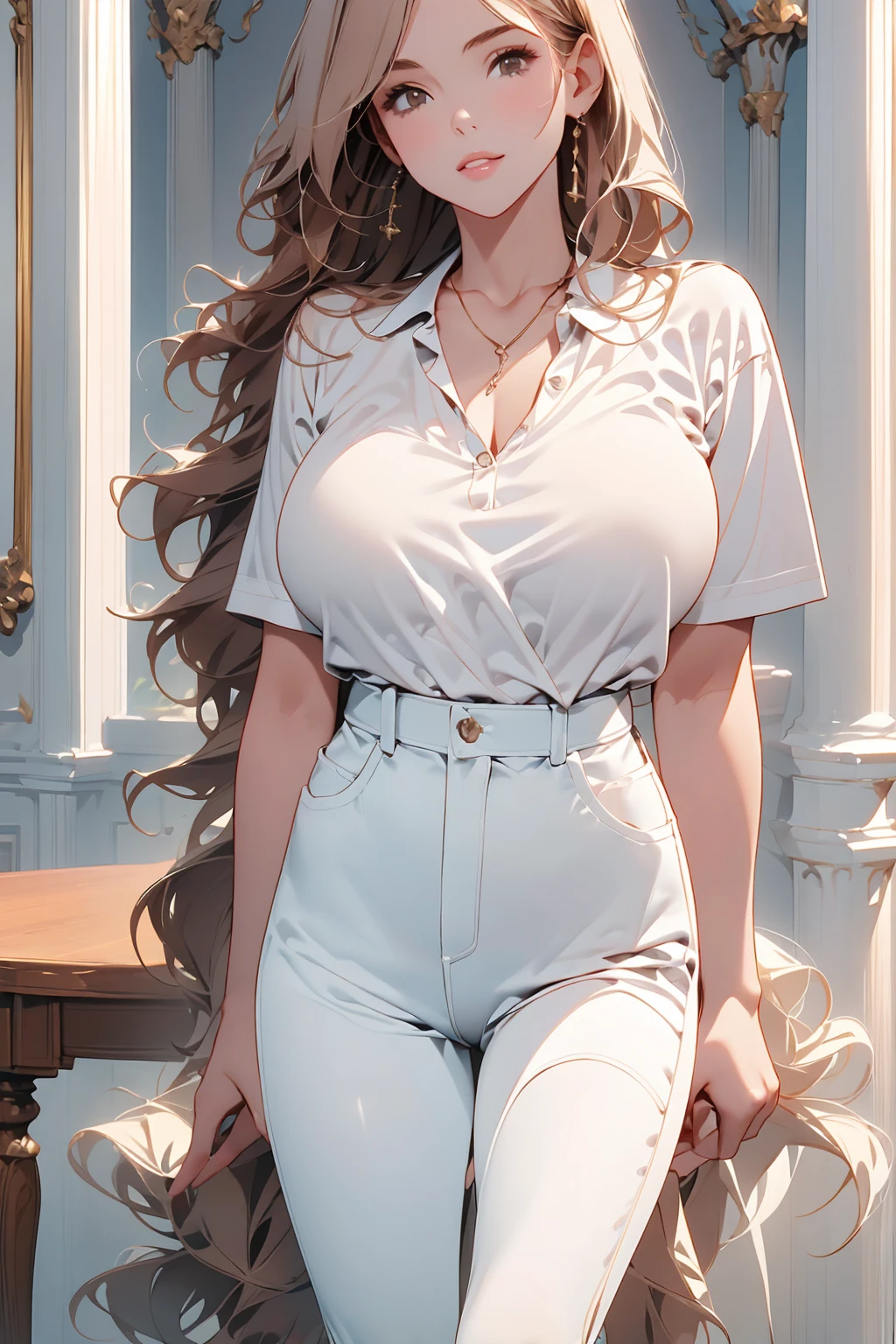 ((best qualtiy, 8K, tmasterpiece:1.3)), Focus:1.2, perfect figure beautiful woman:1.4, Cocked buttocks:1.2, ((Random Long Hairstyle), large breasts, ((Brown Wavy Hair, short hair, curly hair)), (Long white legs:1.3), (Polo shirt:1.2), (skinny jeans), (inside in room:1.2), Highly detailed facial and skin texture, A detailed eye, double eyelid, Whiten skin, Straight big breasts：1.3), looking at camera, Wear a necklace，