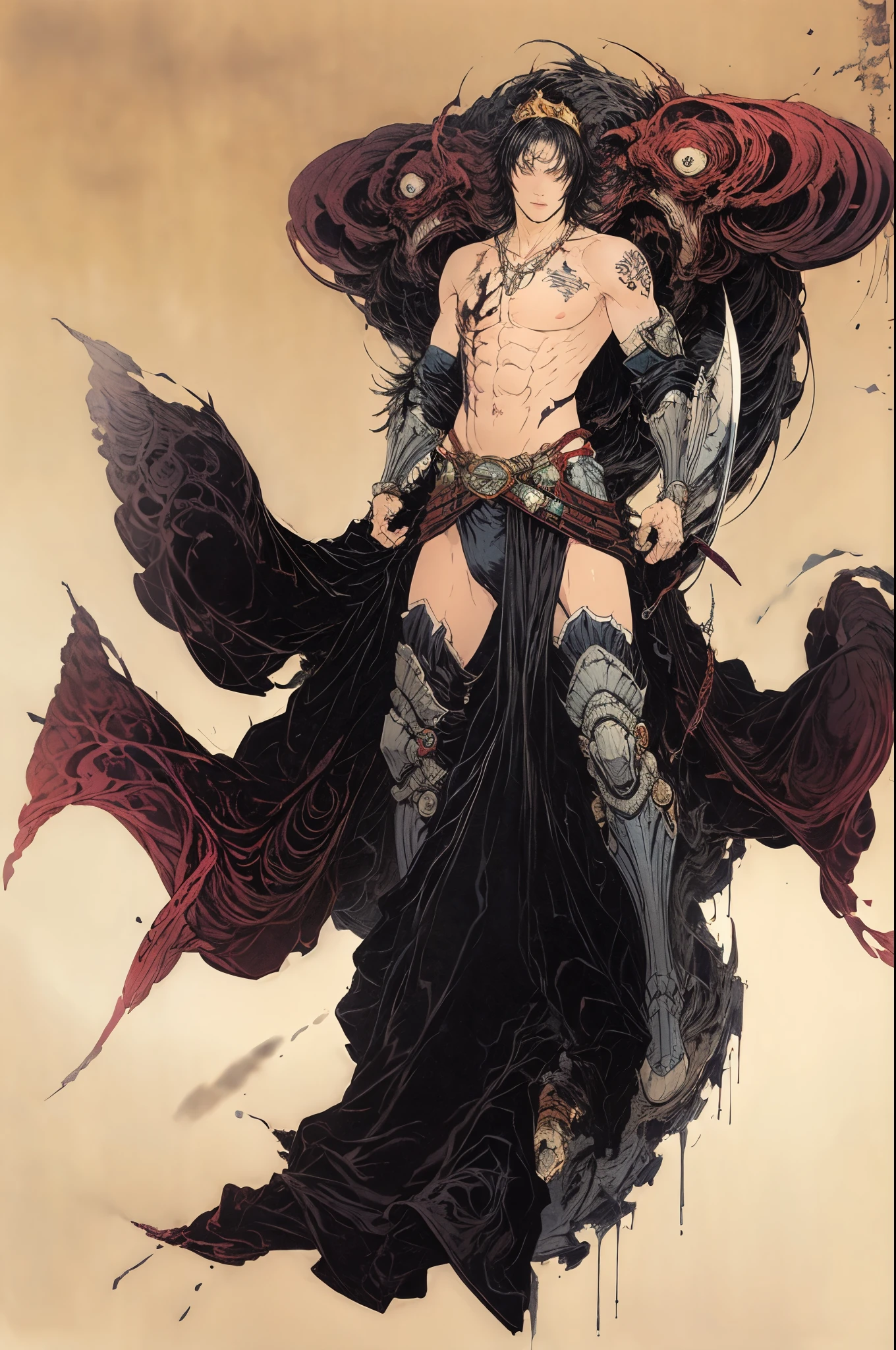 best quality,masterpiece,Ultra-high resolution,1 person,looking at the audience,one,Yamamoto Takashi style,night，simple background,White_background,Machinery Division，Exoskeleton，，Sexy，Handsome，Cold-blooded short-haired man，Beard scum，muscle，tough guy style，tattoo，Perfect proportion, anatomically correct, (from head to foot: 2.0), (Full body image: 2.0), alone, extremely stylized, abnormal art, masterpiece, Very detailed, delicate eyes, expressive delicate eyes, Detailed student, Futuristic, ((Wearing a crown)), ((holding scimitar and shield)), (Cybernetic weapons:1.4), big boot, Full body image, full-body shot, tassel, Large beads, (Big tassel), cyberpunk, ink punk, paint tray, Ink splatter, chain mail