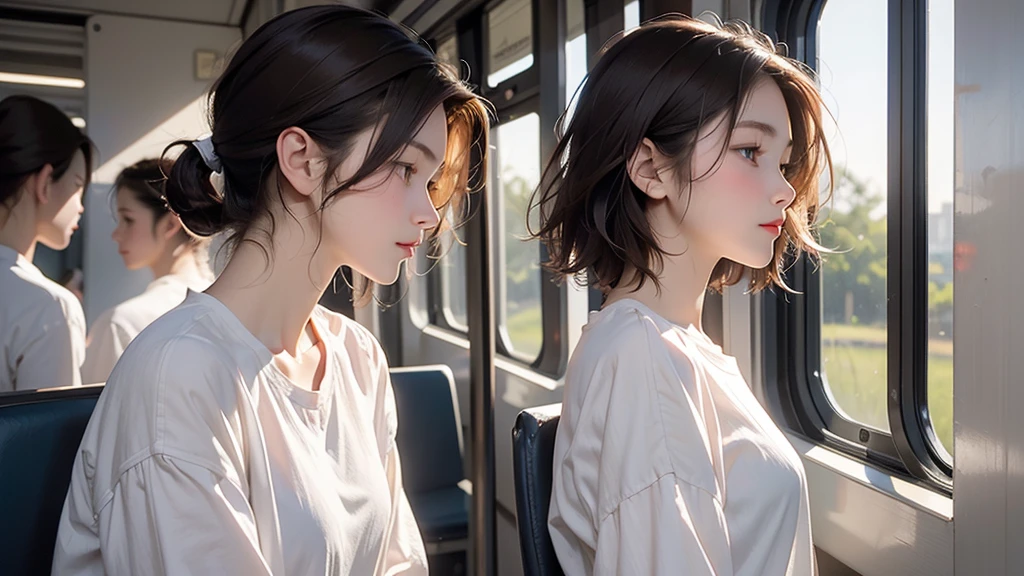 17-year-old high school student, White blouse, Contemplative expressions, Profile looking out the window, in the train, Brown Hair, Bob Hair, masterpiece, High resolution, High resolution, Dark colors.