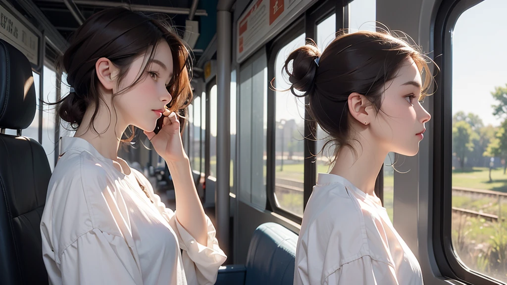 17-year-old high school student, White blouse, Contemplative expressions, Profile looking out the window, in the train, Brown Hair, Bob Hair, masterpiece, High resolution, High resolution, Dark colors.