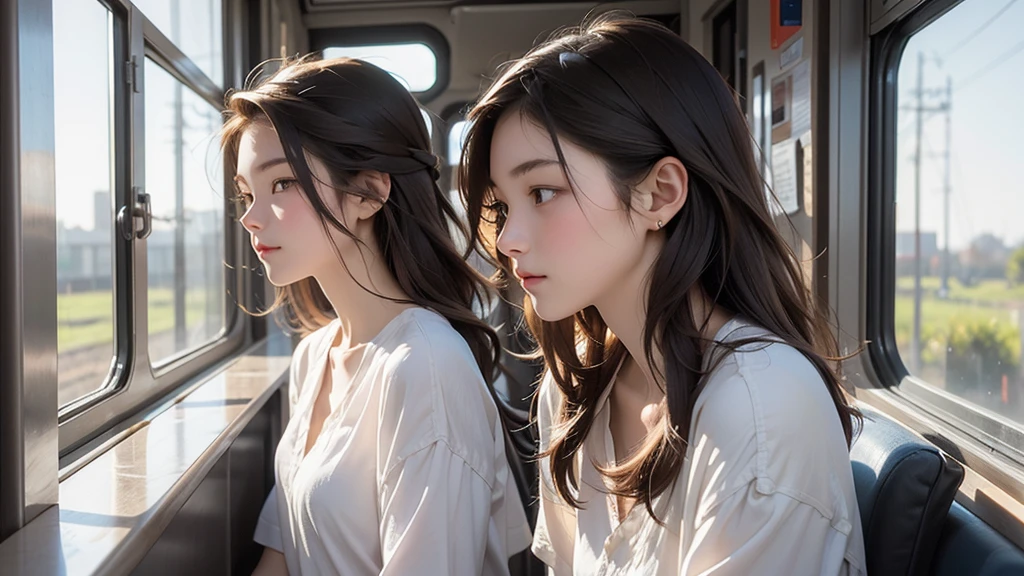 17-year-old high school student, White blouse, Contemplative expressions, Profile looking out the window, in the train, Brown Hair, Bob Hair, masterpiece, High resolution, High resolution, Dark colors.