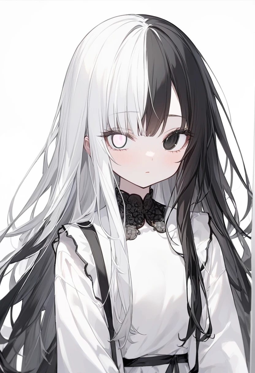 Black and White、Girl、Black and white hair、Black and white mixed、Black and white mixed髪の毛、Half Black、Half white、Long Hair、Odd Eye、Odd Eye 左目が白色 右目が黒色、Left eye is white、Left eye is white、Right eye is black、Right eye is black、全体的に黒と白が混ざったGirl、Black and WhiteのGirl、White background、白と黒のGirl、White Room、黒色と白色のGirl、emotionless、Calm、Lots of black、A lot of black、Lots of black髪の毛、一人のGirl、1 Girl、1 Girl、Mostly black、Put highlights in the eyes、There are highlights on the eyes、Highlight on left eye、Highlight on left eyeがある、Highlight on the white of the eye