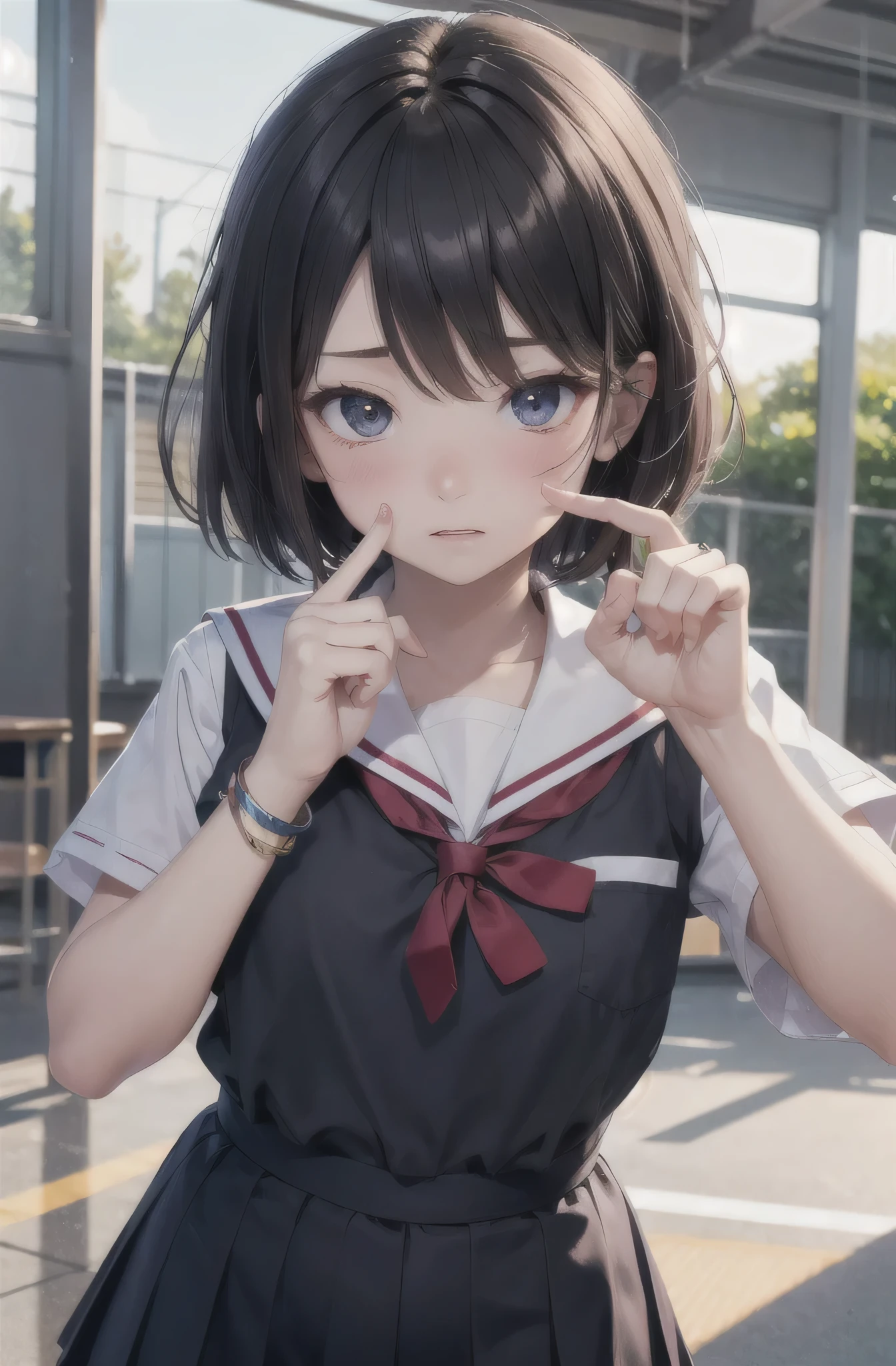 Highest quality , High resolution , Detailed CG , short hair , Sailor suit , Modest chest , Black Hair , thumb、index finger、Middle finger、ring finger、Optimal ratio of the little finger , Two limbs , Optimal ratio , Embarrassed expression , Burning cheeks , School , Schoolyard , touching one's own breasts with one's own hands , Facial expression when orgasm is reached , rain , Panties are visible through the gap in the skirt