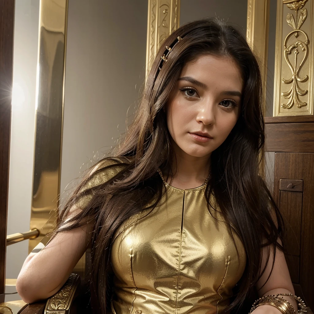 1girl in, 30 years old, Square face, Long hair, Looking at viewer, jewelry, Realistic, y, Greek gods costume, temple - throne-sky-cloud , free pose
