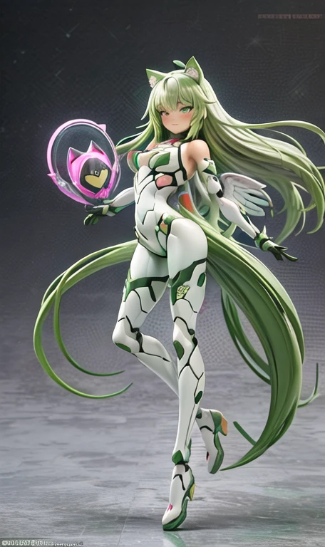 anime figure, figma,(detailed eyes))
1girl,((cat ears)),cat tail, ((long straight green hair:1.3)),big expressive neon green eyes,,expressive eyes,(((smile,blush wink))),(((full body:1.4))), ((mechanical full body suite, mecha)), feather robot wings,black kitten, cute, dynamic flirty pose, missiles on arms and shoulders, partial metal mask,standing on one leg looking at viewer ,shoulder trun to the viewer,black kitten sitting next to her, cute,flirty pose,AD ,decales,web AD
solo:1.5