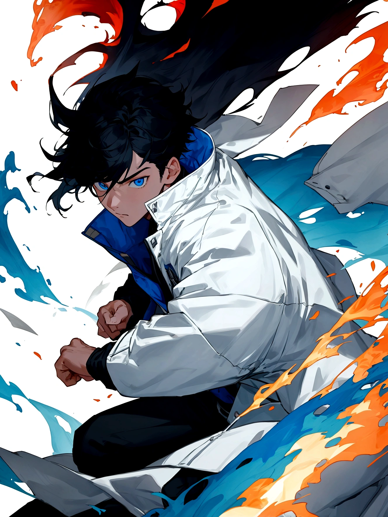 1boy, wearing white jacket, blue eyes, black hair, fighting, fire