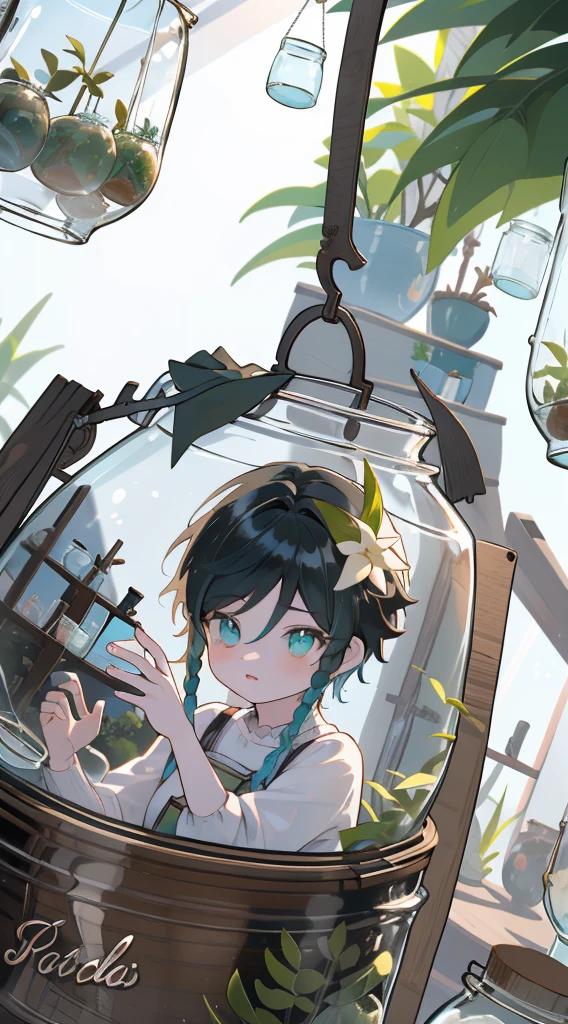 （（（（（（inside jar））））））、A boy with, ((full bodyesbian)), Wendi (genshin impact),brunette color hair, Green eyes, ((((Packed in jars))))、adolable、最small, small, A piece of,(((Packed in jars))), (Eau, Eau泡)