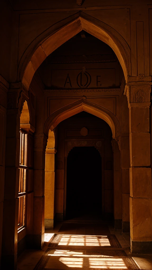 Interior view of the palace: ancient Indian architecture, dim lights, and walls adorned with inscriptions.