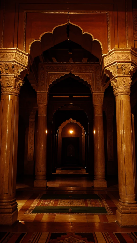 Interior view of the palace: ancient Indian architecture, dim lights, and walls adorned with inscriptions.