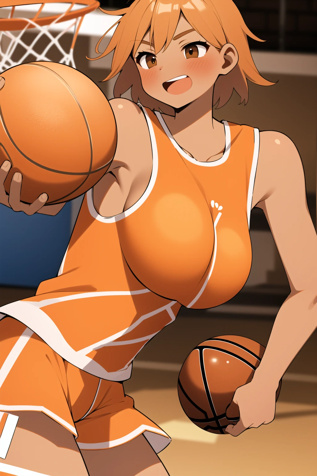 tanned, tan skin, At, orange tank top, orange shorts blush Super huge big breasts breast enlargement Standing alone on the basketball court