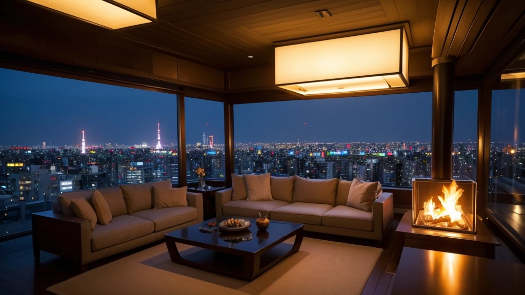 Living room view，City view, set in Tokyo rooftop, Penthouse, on future Tokyo night rooftop, Luxurious environment, Luxury Apartment, Tokyo in the background, modern japanese living room, In an apartment in Japan, Luxurious interior environment, Such, modern Tokyo, Luxury Lifestyle, on rooftop Tokyo night, Tokyo city in the background, Tokyo,A large fireplace in the house,warm firelight