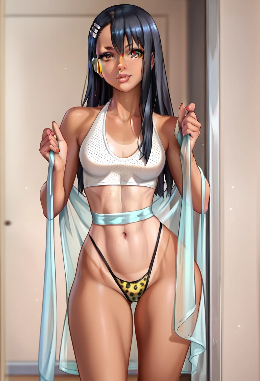 hyperrealism, photorealistic, 1nagatoro1, 20 yo female, solo, 1female, toned, wide hips, long black hair, very skinny, very thin, very slim, very slender, thick thighs, ifbb, thick lips, thin waist, slendered abs, narrow waist, small waist, dark skin, tan, tanned, tanlines, tan skin, tanned skin, light brown skinned, lipstick, cheetah-print thong, see-through sundress, translucent shawl, high detail