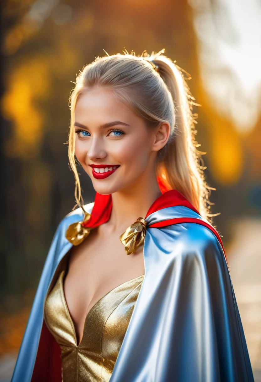 breathtakingly beautiful smiling girl , long blonde hair in ponytail , blue eyes , red lips , naked ,(((long shiny silver and gold lined cape tied at neck:1.20 )))+++ , full body , 8K , insane details, lifelike, elegant , DSLR ,HDR , film grain