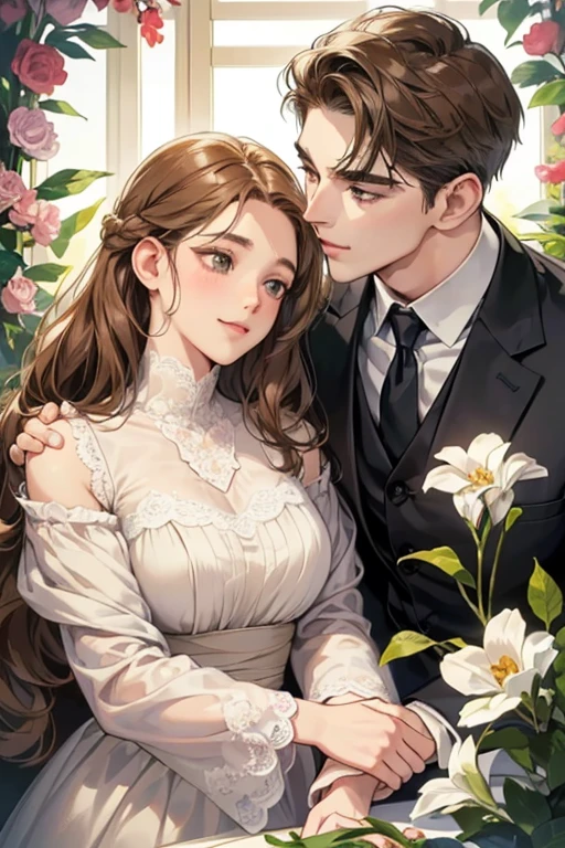 (table top, digital illustration, 4k, 8k, Super detailed, beautiful images, clear image, perfect face, perfect lines, perfect eyes, soft lighting) 1 female, (light brown hair,chignon hair,innocent look,droopy eyebrows,droopy eyes、With a round face,round chin、innocence,cute,Big eyes,natural makeup,smile gently,E cup,23 years old:1.3),Two handsome men in suits, (human,man in suit,muscular、solid shoulder width, boyish hairstyle,A man in his 30s with a cool expression,28 year old man with a bright smile:1.2),garden full of light、lots of flowers、colorful flower light,(embarrassing,shy smile:1.2),kiss、カップルkiss、romance porn、couple of man and woman hugging each other、flower shop