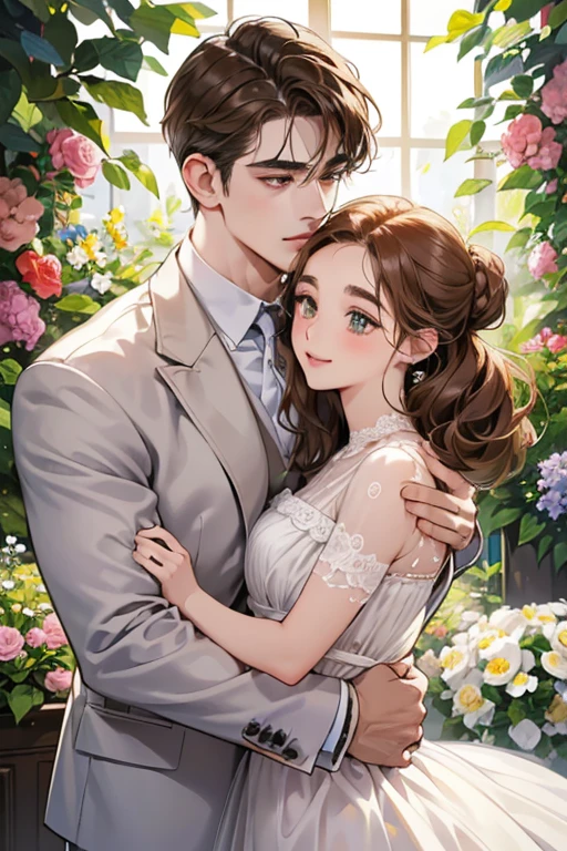 (table top, digital illustration, 4k, 8k, Super detailed, beautiful images, clear image, perfect face, perfect lines, perfect eyes, soft lighting) 1 female, (light brown hair,chignon hair,innocent look,droopy eyebrows,droopy eyes、With a round face,round chin、innocence,cute,Big eyes,natural makeup,smile gently,E cup,23 years old:1.3),Two handsome men in suits, (human,man in suit,muscular、solid shoulder width, boyish hairstyle,A man in his 30s with a cool expression,28 year old man with a bright smile:1.2),garden full of light、lots of flowers、colorful flower light,(embarrassing,shy smile:1.2),kiss、カップルkiss、romance porn、couple of man and woman hugging each other、flower shop