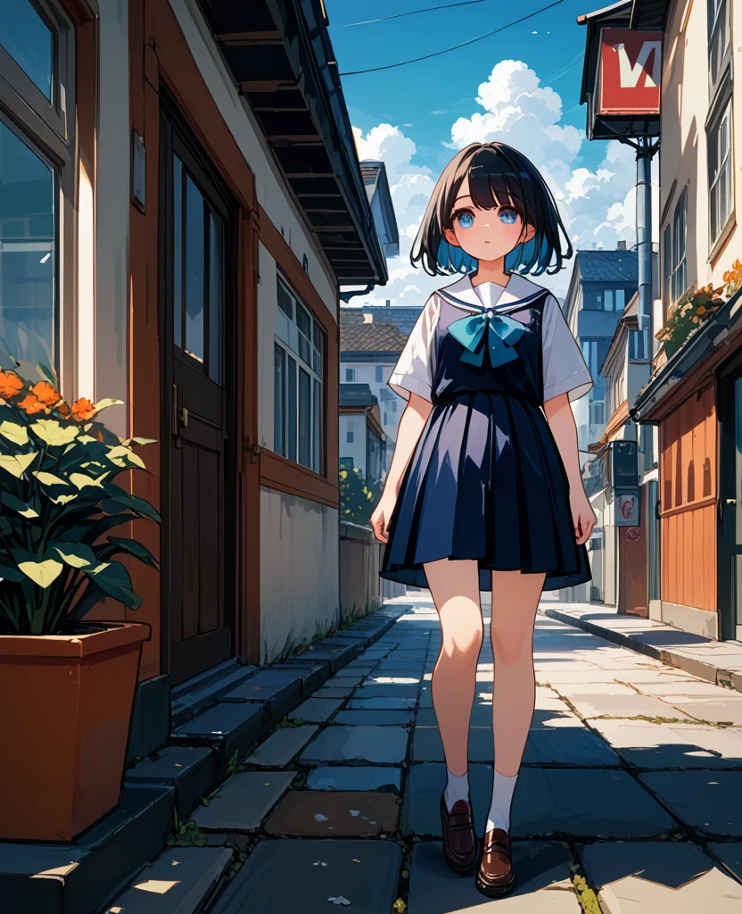 score_9, score_8_up,score_7_up,flat color,(best quality, masterpiece, ultra high-resolution, ultra-detailed: 1.2),
(A girl who is bigger than the building is walking),school-uniform,broken building,