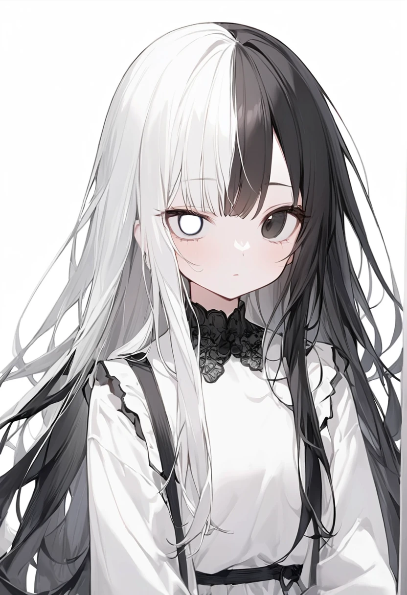 Black and White、Girl、Black and white hair、Black and white mixed、Black and white mixed髪の毛、Half Black、Half white、Long Hair、Odd Eye、Odd Eye 左目が白色 右目が黒色、Left eye is white、Left eye is white、Right eye is black、Right eye is black、全体的に黒と白が混ざったGirl、Black and WhiteのGirl、White background、白と黒のGirl、White Room、黒色と白色のGirl、emotionless、Calm、Lots of black、A lot of black、Lots of black髪の毛、一人のGirl、1 Girl、1 Girl、Mostly black、Put highlights in the eyes、There are highlights on the eyes、Highlight on left eye、Highlight on left eyeがある、Highlight on the white of the eye