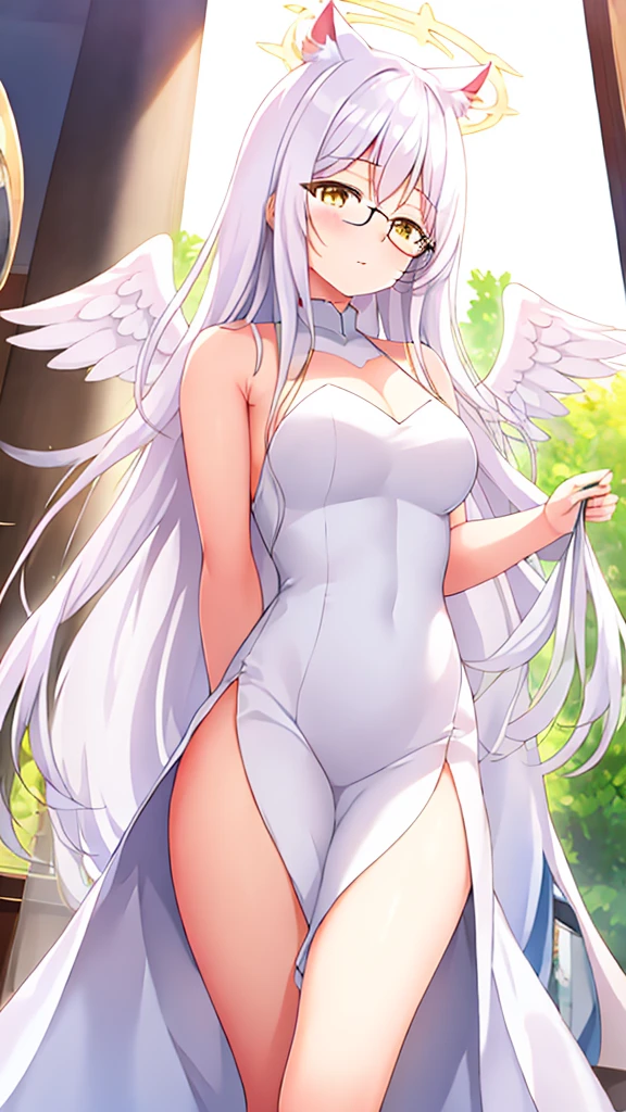A 20-year-old female angel with long, white hair, yellow eyes, white cat ears, and large white angel wings. yellow halo ring round white glasses Long white evening dress, showing off the bottom