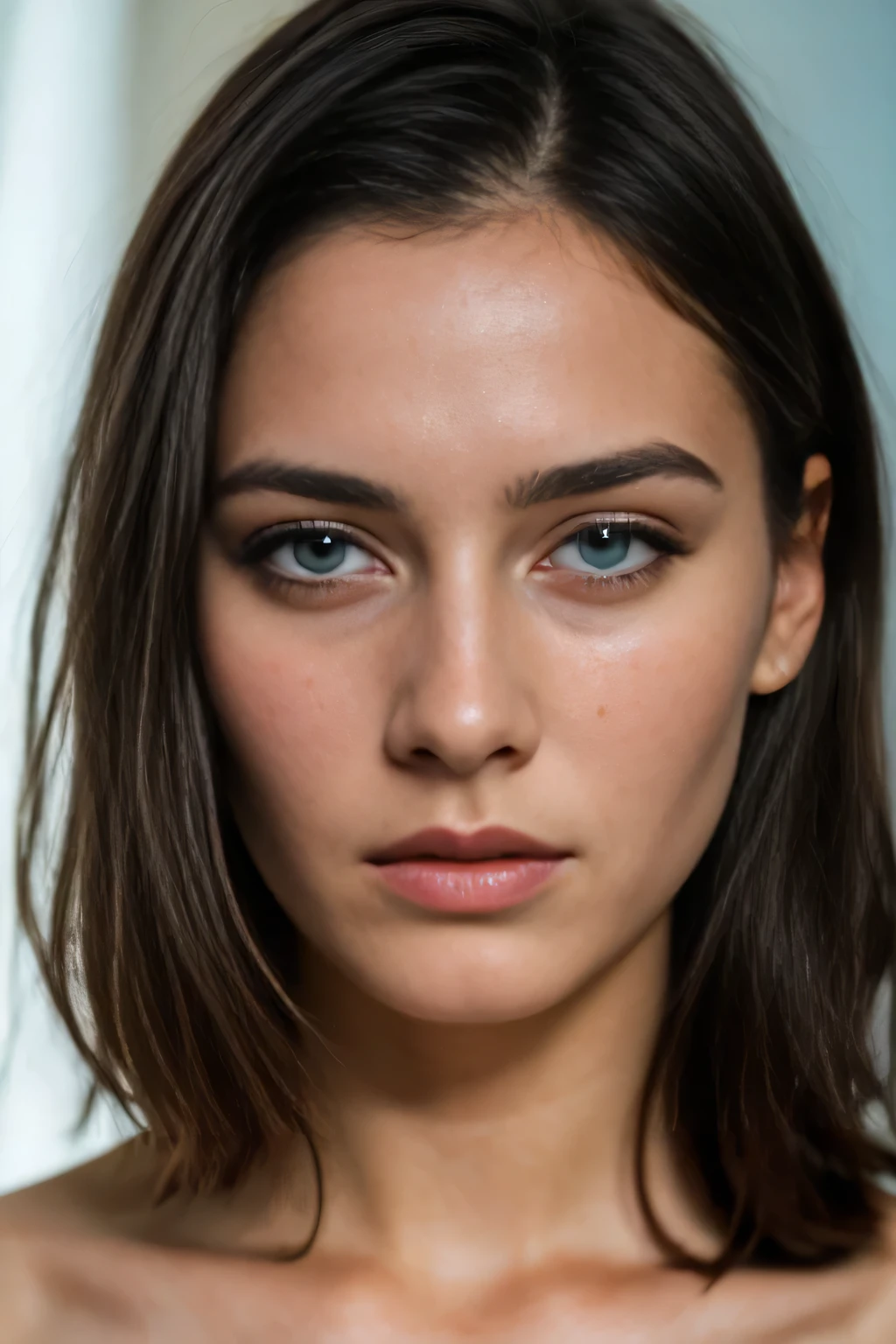 beautiful italian girl, 16 years old, ((frightened face)), (((black eyes mascara smudged from crying))) (short light brunette hair), ((light blue eyes)), (naked small breast), (bedroom), , (((supermodel face))), slim, thin pointy nose, wide lips, thin face, big eyes, high-res, masterpiece, best quality, intricate details, highly detailed, sharp focus, kodak vision color, extremely detailed,realistic, max detail, roughness, real life, ultra realistic, photorealism, photography, 8k uhd, photography, 