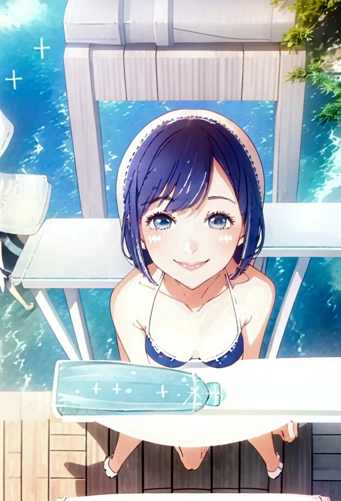 (Highest quality:1.4、8k:1.4,detailed),F cup bust、Big Breasts、Slim and beautiful arms、Slim body、Very white beautiful skin、((((1 person、smile、Swimwear、smile、sit、Chair、In the background are the urban buildings of Tokyo、Outdoor café terrace、coastal、Navy hair color、juice、table、She is wearing a white side-string high-leg bikini、Touching the chest、Shot from slightly above、Looking up、Very cute face))))、looking at the camera、Very beautiful face、Very blue sky、A completely cloudless sky、She tilted her head slightly、The atmosphere is bright and lively、The woman is at the center of the image。