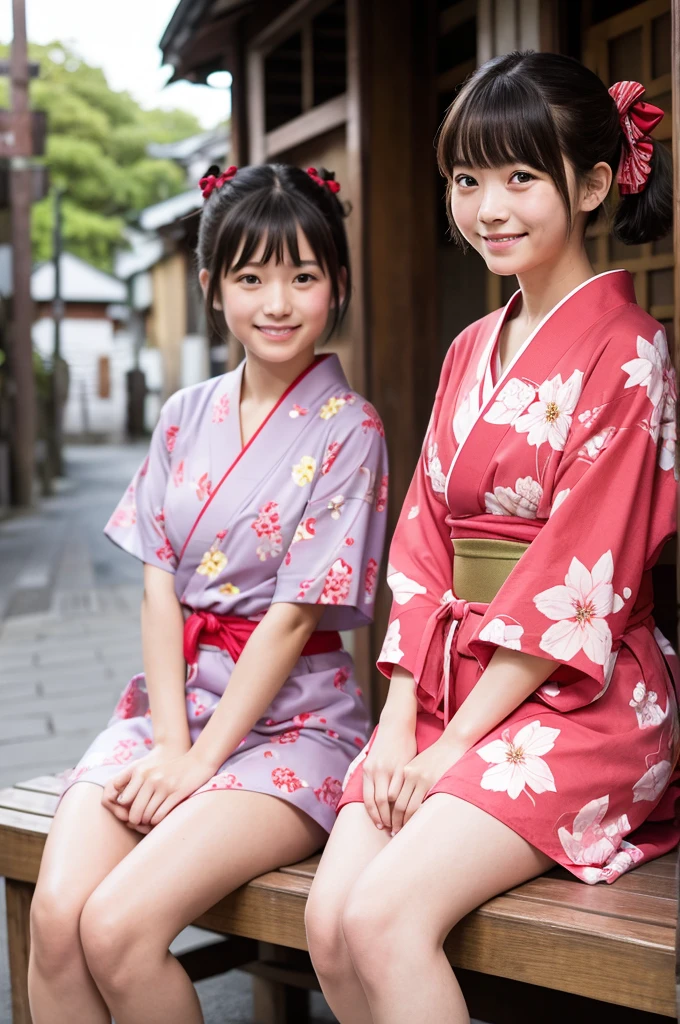 2 girls on wooden bench in old-Japanese street,floral pink yukata with red obi,18-year-old,bangs,a little smile,thighs,knees,short hair and low pigtails with red ribbon bow,from before,front light