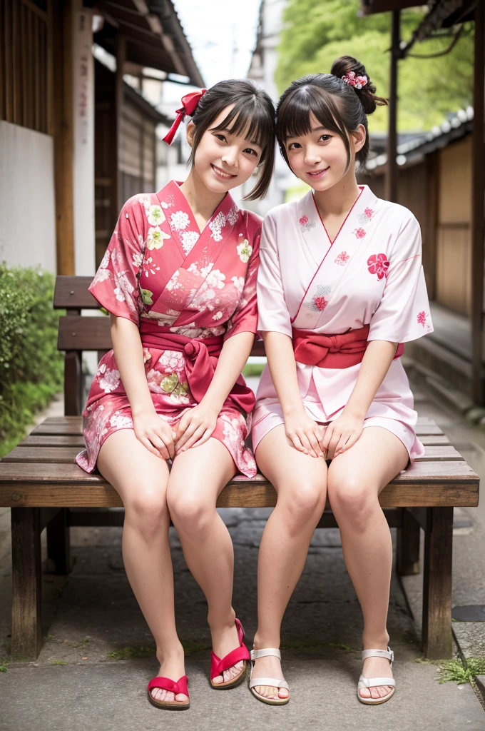2 girls on wooden bench in old-Japanese street,floral pink yukata with red obi,18-year-old,bangs,a little smile,thighs,knees,short hair and low pigtails with red ribbon bow,from before,front light
