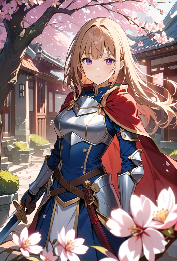 alone, 1 Girl, Marin, salary, keep, arms, Focus on women, sword, Cape, armor, Lambent Light, Handguard, sheath,  armor, full armor, A soft smile，Cherry blossoms blooming all over the place，Falling cherry blossom petals background　(((masterpiece)))， ((Highest quality))， ((Intricate details))　(8K)