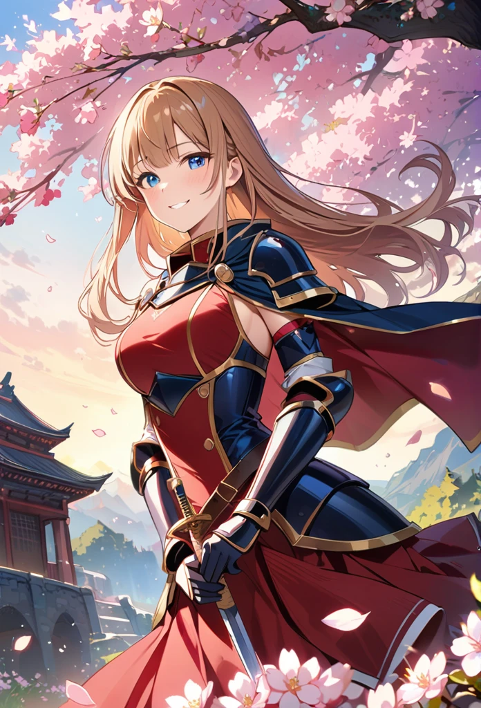 alone, 1 Girl, Marin, salary, keep, arms, Focus on women, sword, Cape, armor, Lambent Light, Handguard, sheath,  armor, full armor, A soft smile，Cherry blossoms blooming all over the place，Falling cherry blossom petals background　(((masterpiece)))， ((Highest quality))， ((Intricate details))　(8K)