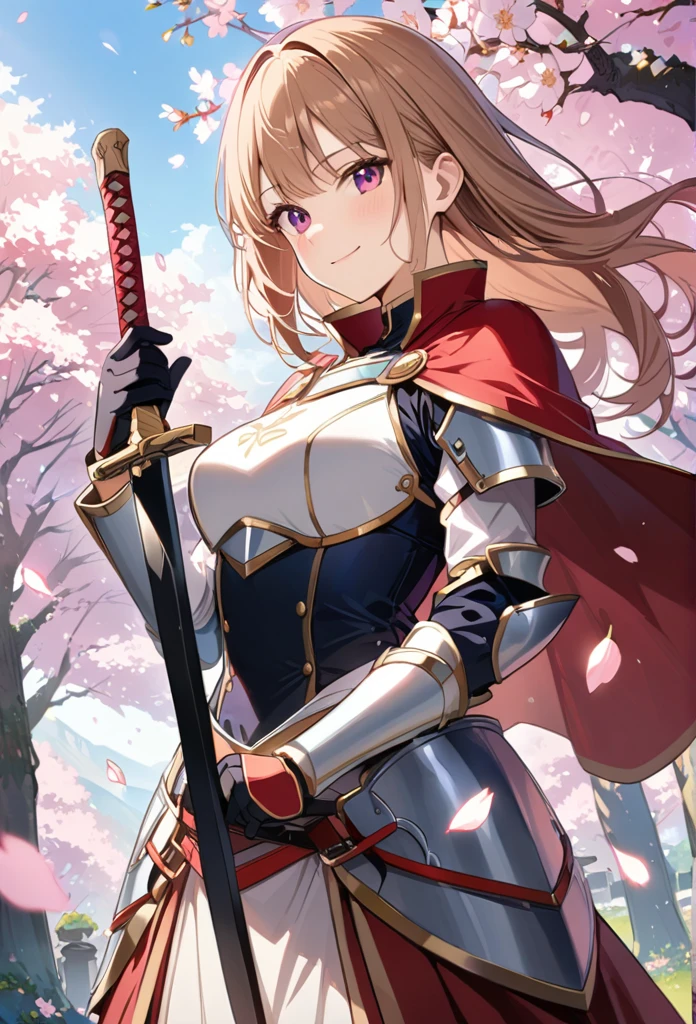 alone, 1 Girl, Marin, salary, keep, arms, Focus on women, sword, Cape, armor, Lambent Light, Handguard, sheath,  armor, full armor, A soft smile，Cherry blossoms blooming all over the place，Falling cherry blossom petals background　(((masterpiece)))， ((Highest quality))， ((Intricate details))　(8K)