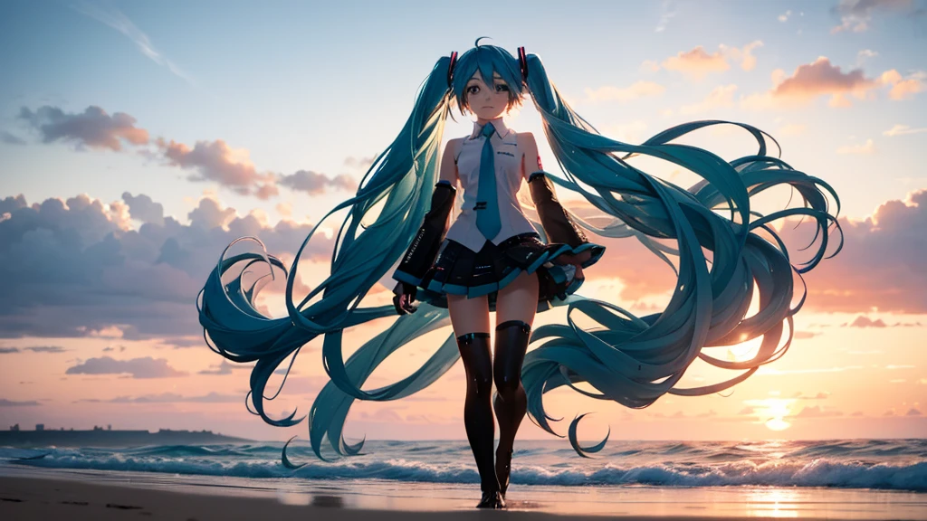 With the sun setting in the background、Please draw a close-up of Hatsune Miku walking on the beach。Her clear blue hair fluttering in the wind、The futuristic outfit stands out。