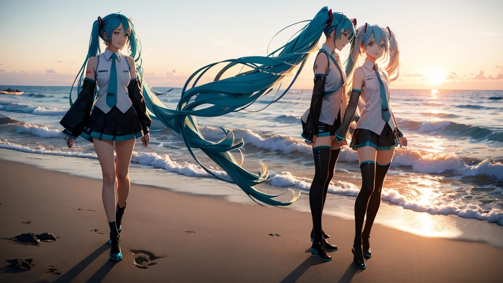 With the sun setting in the background、Please draw a close-up of Hatsune Miku walking on the beach。Her clear blue hair fluttering in the wind、The futuristic outfit stands out。
