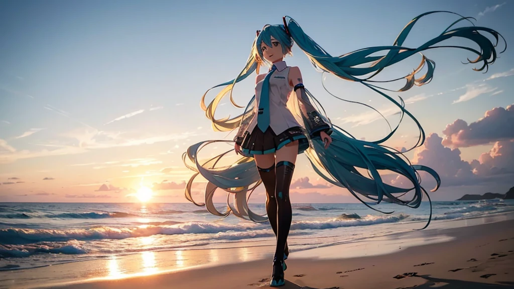 With the sun setting in the background、Please draw a close-up of Hatsune Miku walking on the beach。Her clear blue hair fluttering in the wind、The futuristic outfit stands out。