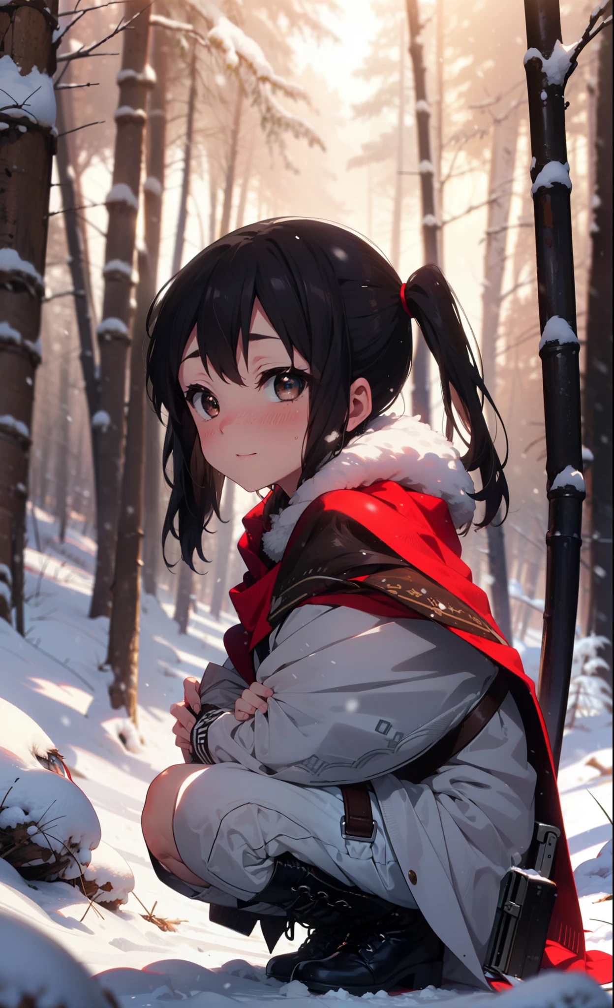 is, Azusa Nakano, Black Hair, (Brown eyes:1.5), Long Hair, ,Twin tails,smile,smile,blush,White Breath,
Open your mouth,snow,Ground bonfire,, Outdoor, boots, snowing, From the side, wood, suitcase, Cape, Blurred, , forest, White handbag, nature,  Squat, Mouth closed, Cape, winter, Written boundary depth, Black shoes, red Cape break looking at viewer, Upper Body, whole body, break Outdoor, forest, nature, break (masterpiece:1.2), Highest quality, High resolution, unity 8k wallpaper, (shape:0.8), (Beautiful and beautiful eyes:1.6), Highly detailed face, Perfect lighting, Extremely detailed CG, (Perfect hands, Perfect Anatomy),