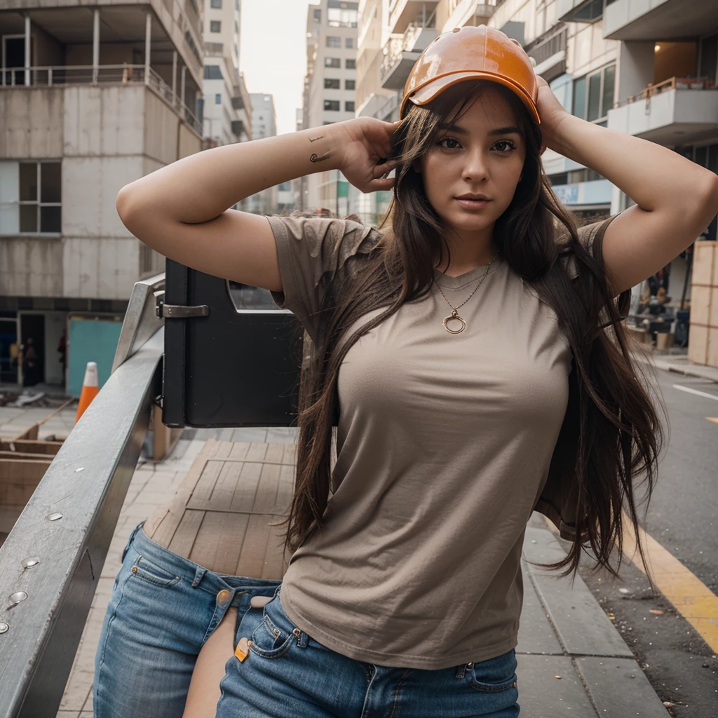 1girl in, 30 years old, Square face, Long hair, Looking at the viewer, jewelry, Reality, ,  construction worker, construction site, free posing