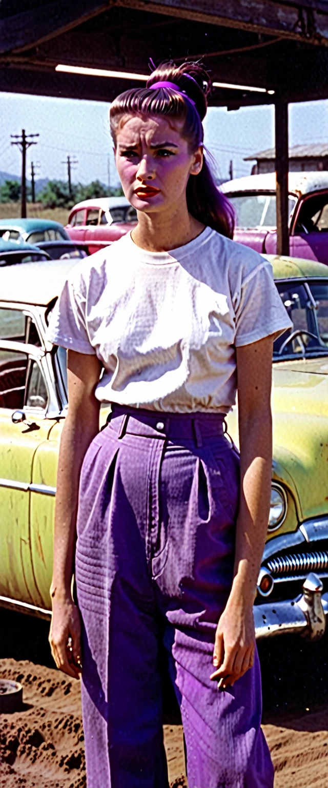 A standing cyclope one-eye woman with a normal simple white t-shirt a little bit dirt with oil car, a long ponytail hair in a vibrant purple color, Super panavision 1950s, grainy, retro, in color, panavision, 1950s