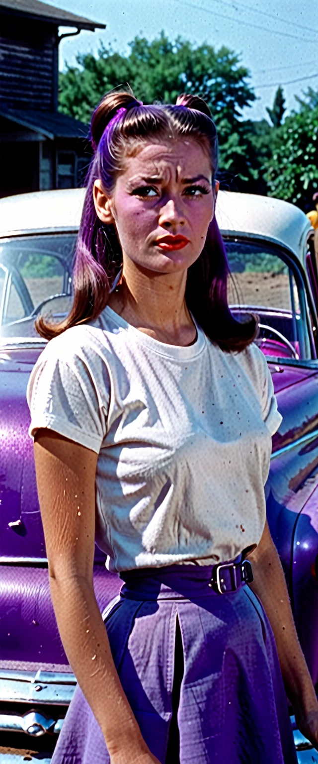 A standing cyclope one-eye woman with a normal simple white t-shirt a little bit dirt with oil car, a long ponytail hair in a vibrant purple color, Super panavision 1950s, grainy, retro, in color, panavision, 1950s